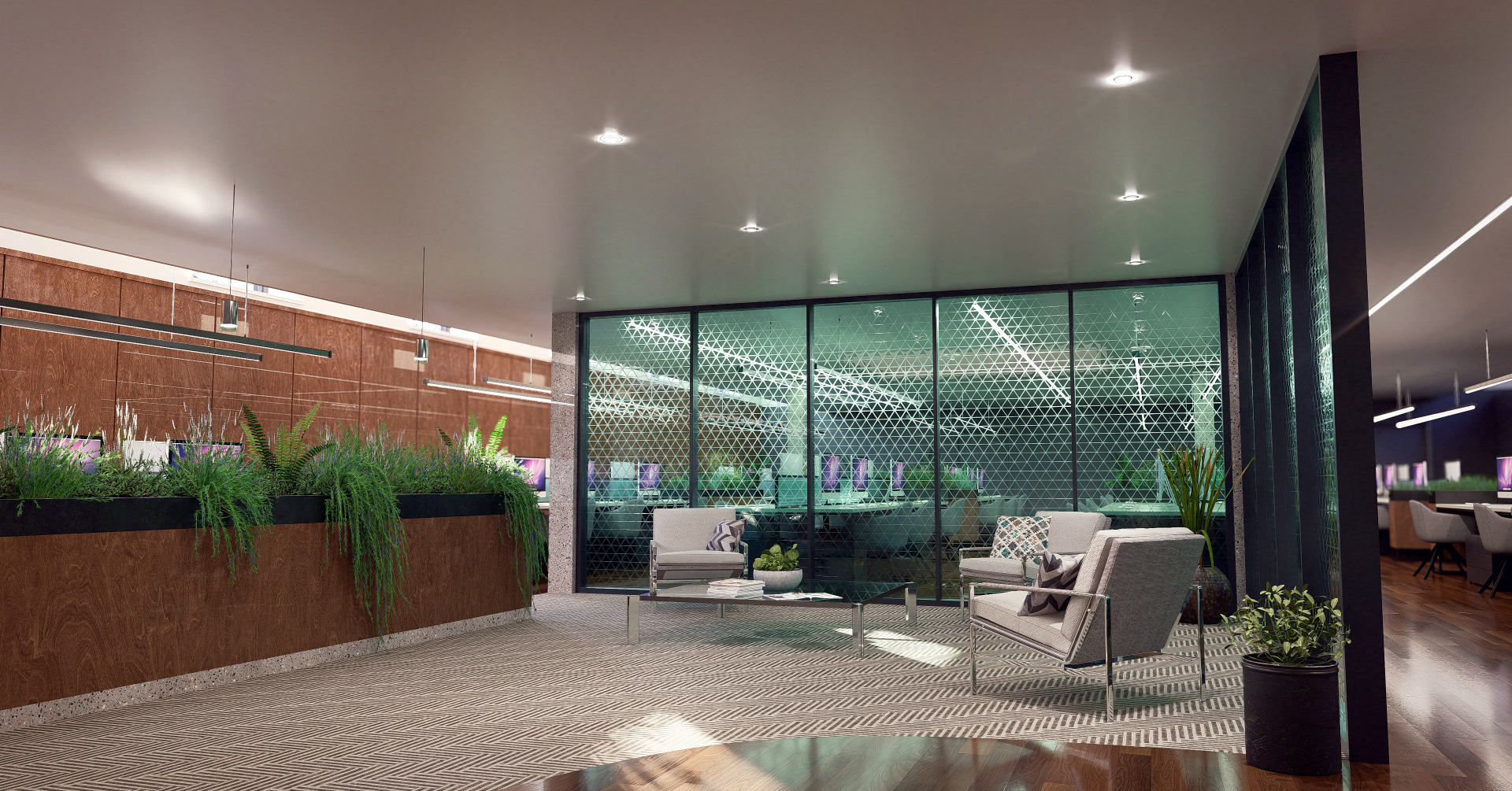 CGI visualisation of the ground floor reception with glass-walled meeting room and lounge seating