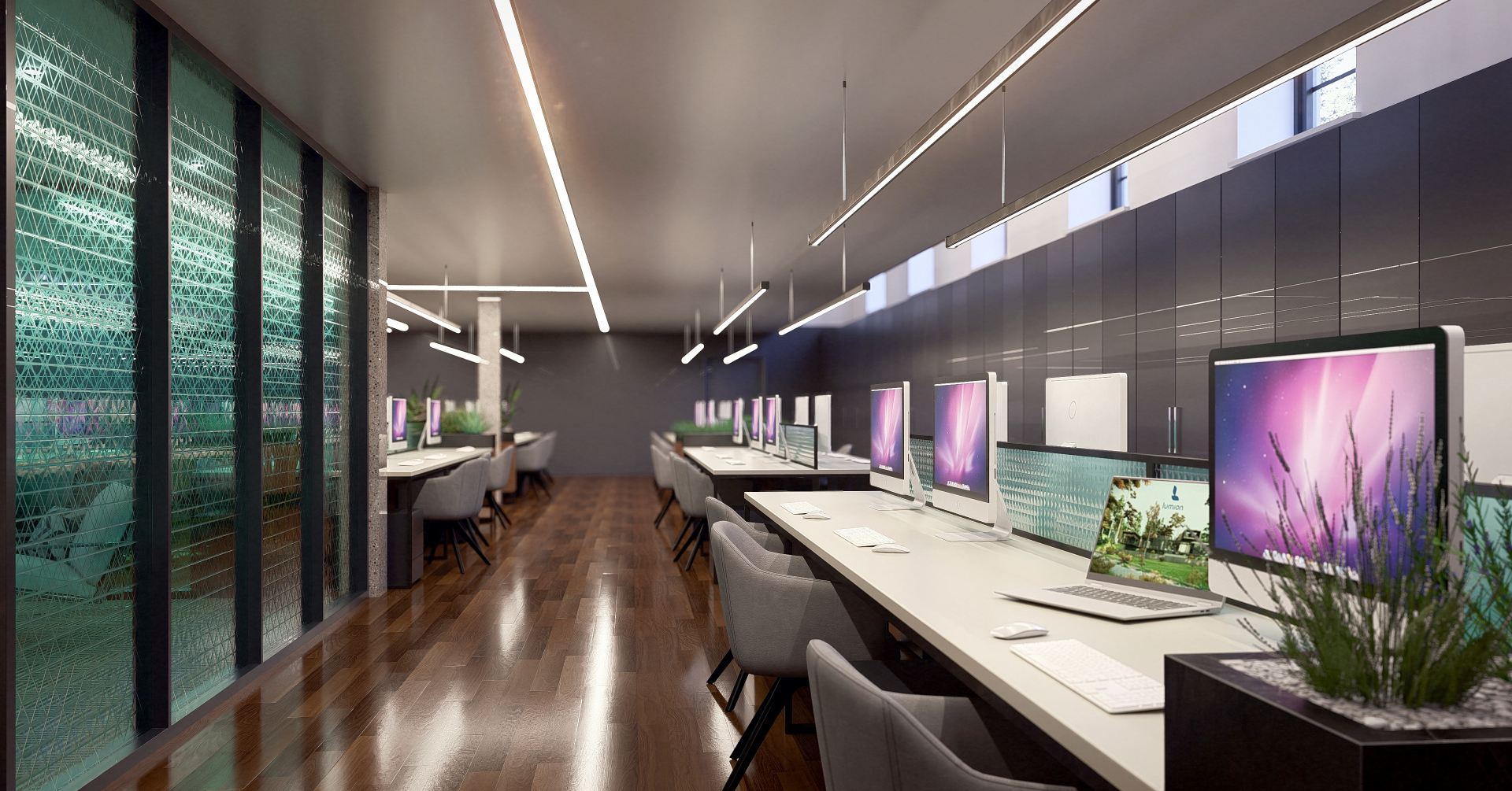 CGI visualisation of the ground floor as a long open-plan workspace with desks and linear lighting