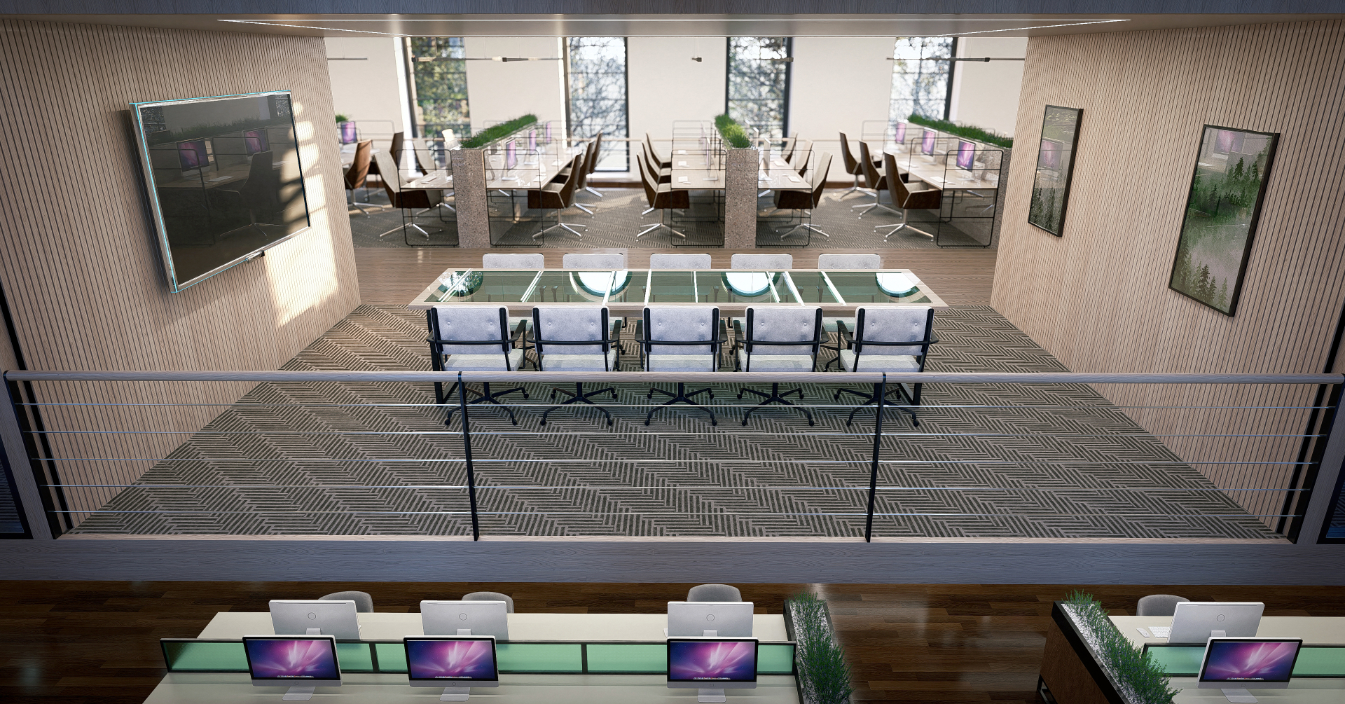 Visualisation of the upper floor as a modern open-plan office with mezzanine and boardroom