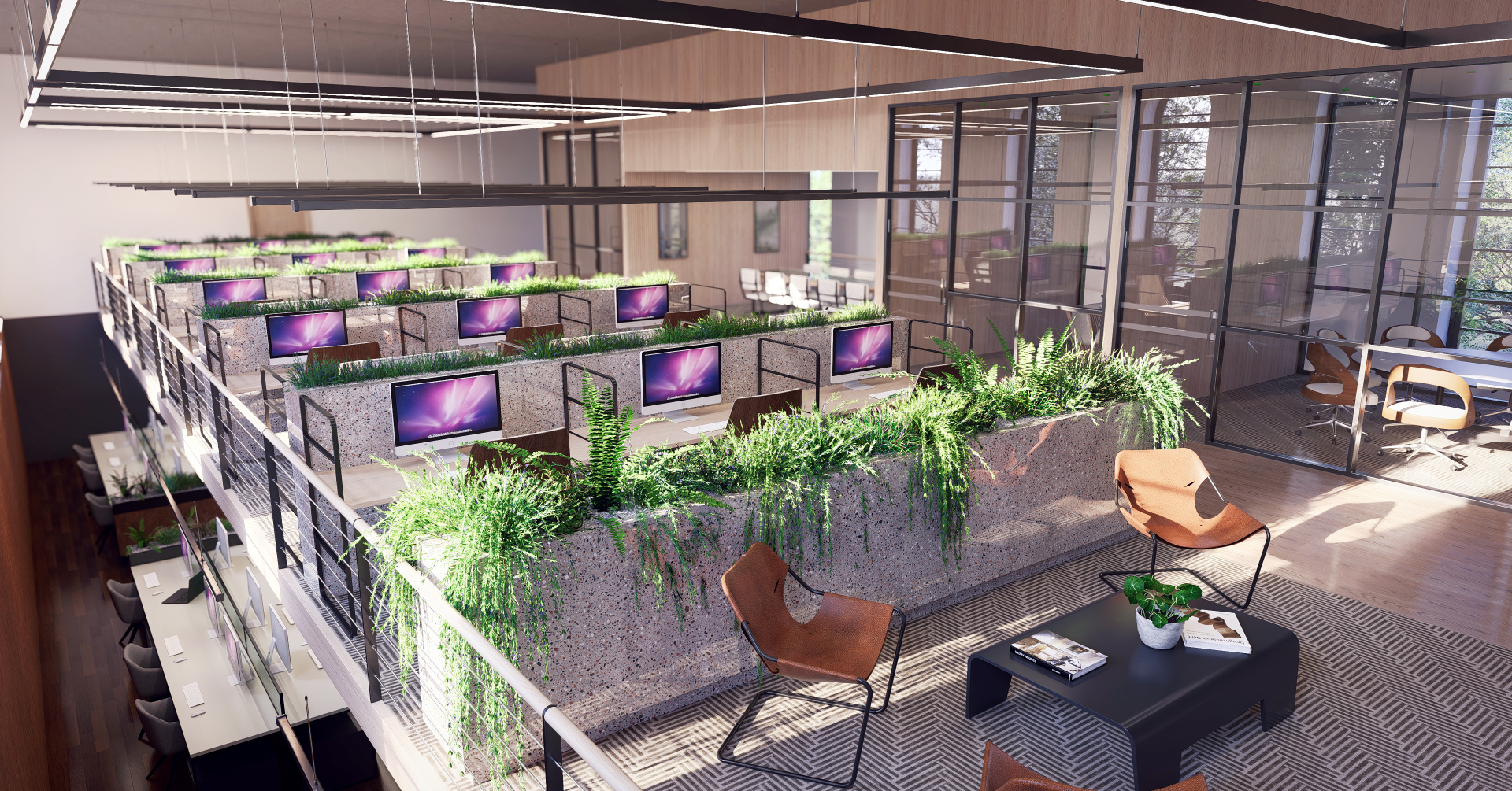 Visualisation of the building as a modern co-working office space with greenery