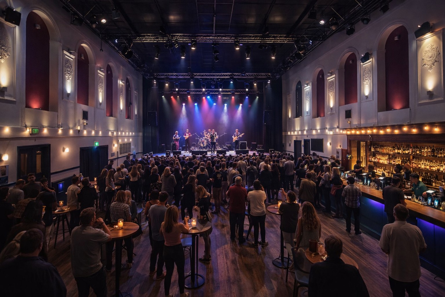 Visualisation of the building as a live music venue with a crowd, stage and bar