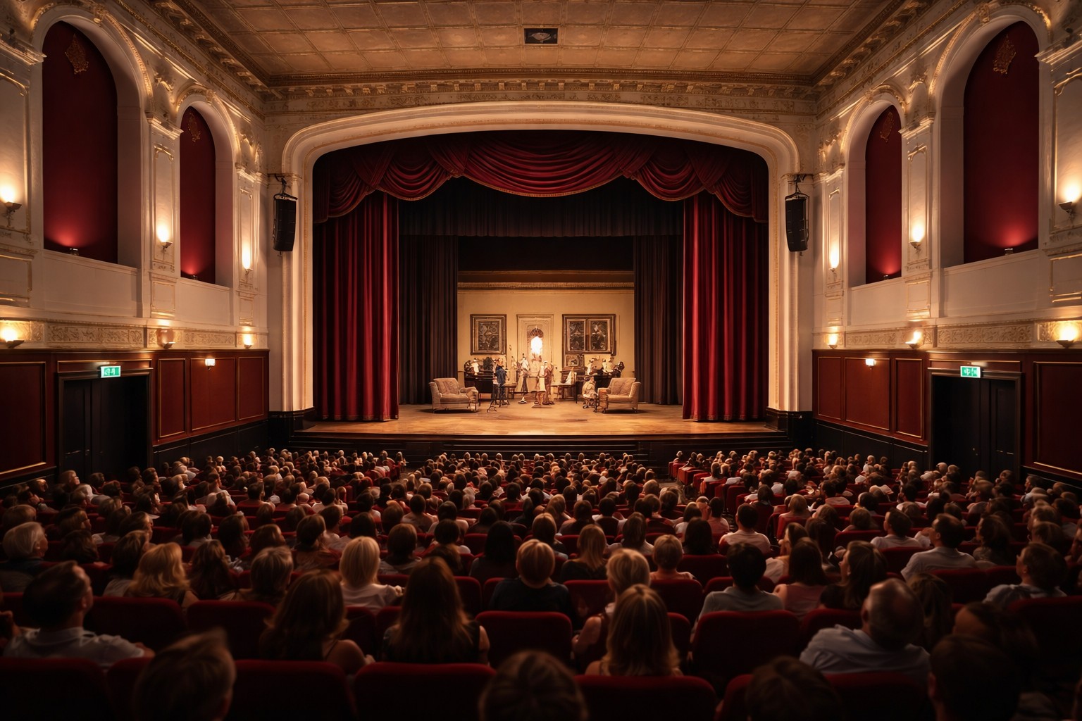 Interior of a restored historic theatre with red velvet curtains and audience seating